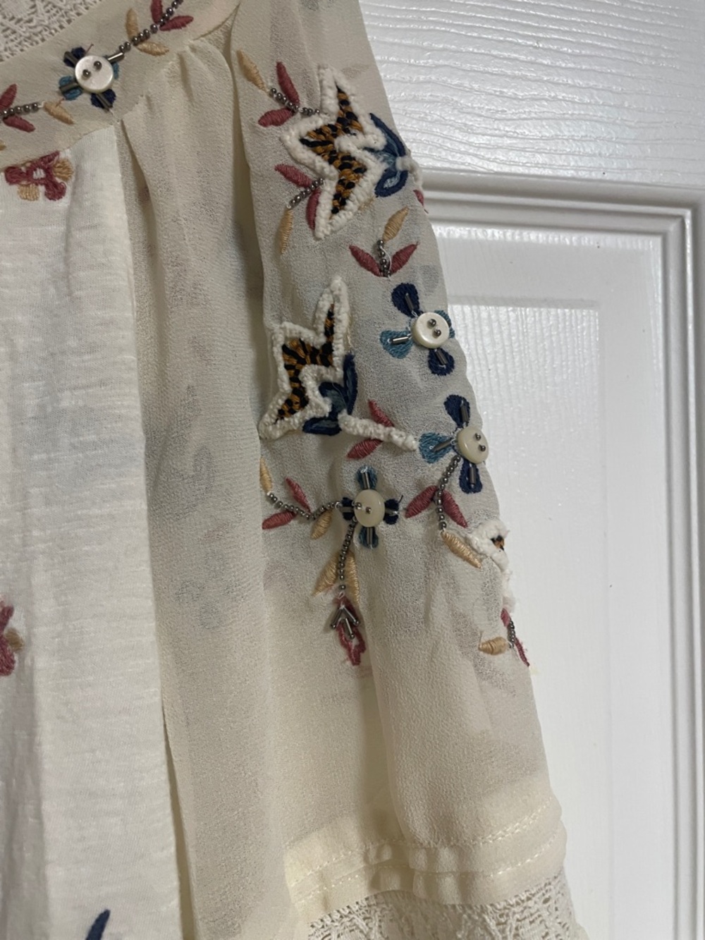 Anthropologie Cream Boho Embroidered Peasant Blouse with Blue & Rust Accents - Picture 3 of 6